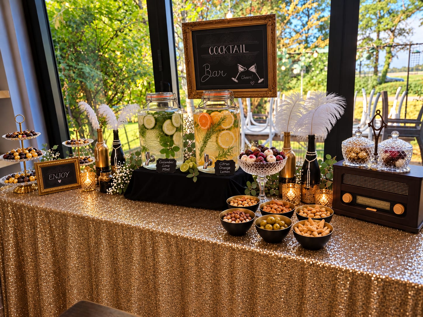 Great Gatsby sweet table in goud en zwart met hapjes en decoratie